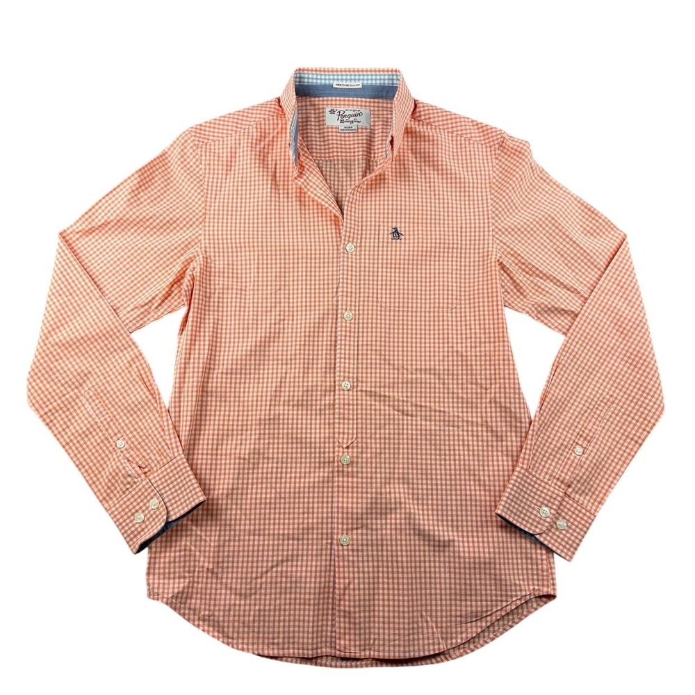 Original Penguin Button-Up Shirt Men S Orange Slim Fit Gingham Preppy Ivy League